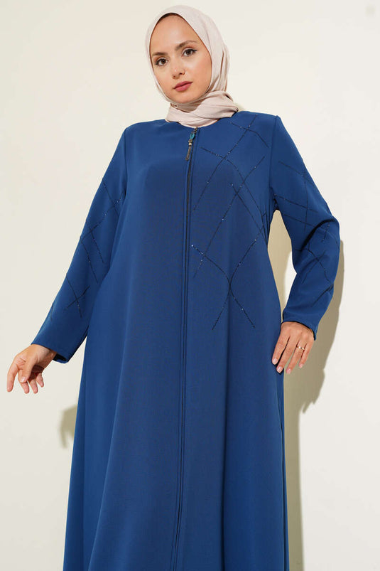 Abaya indigo ornée de motifs baklava et zippée