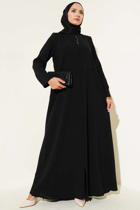 Baklava Pattern Embellished Zippered Abaya, Black