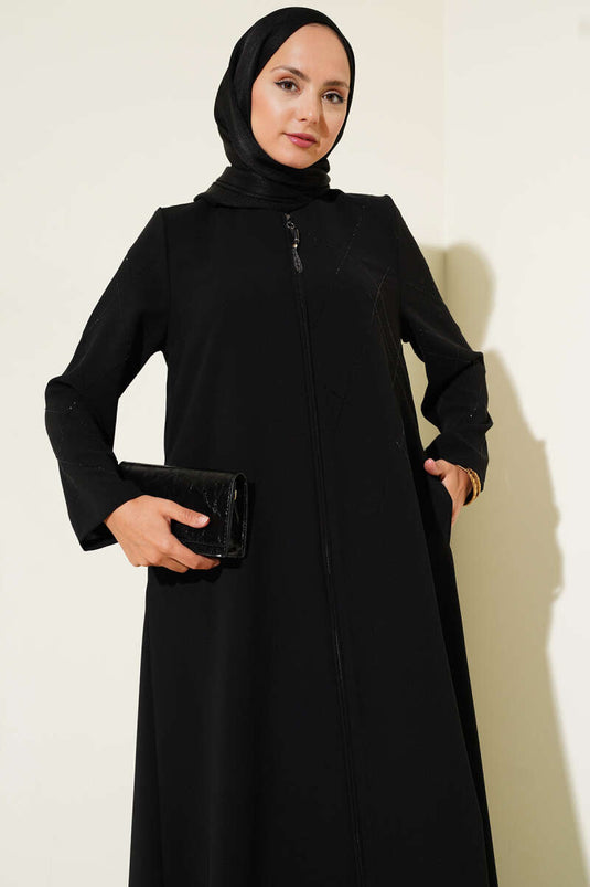 Abaya noire à fermeture éclair ornée de motifs baklava