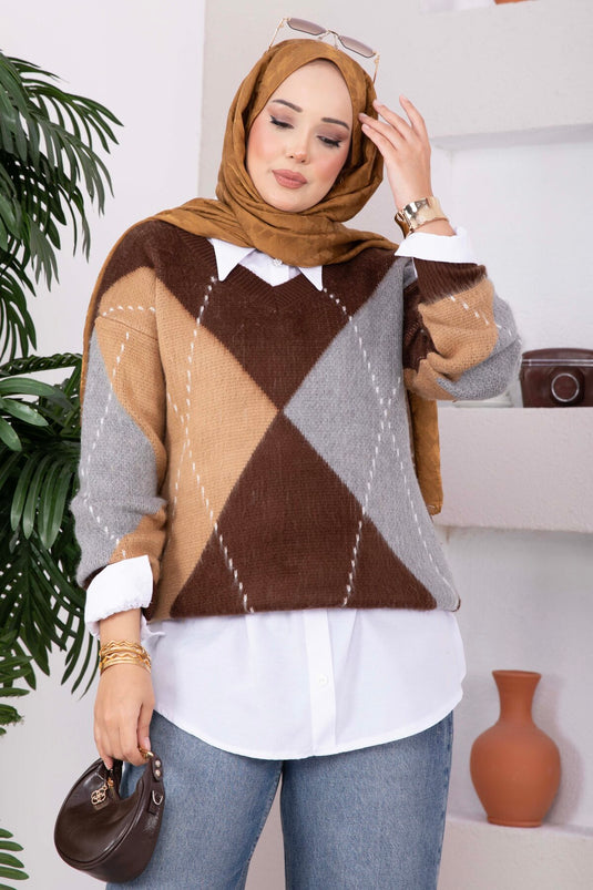 Pull En Maille Motif Baklava Couleur Café Épicé