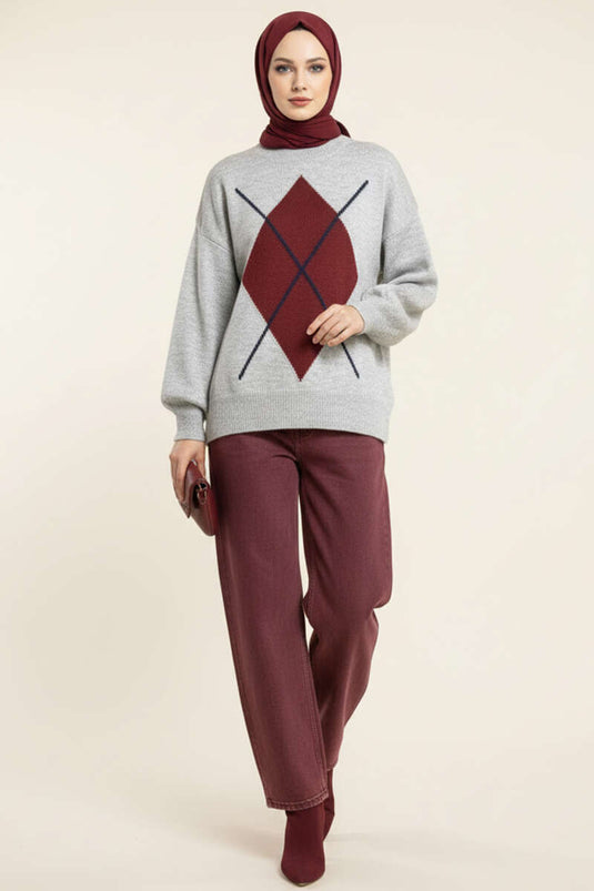 Baklava Desen Triko Kazak Gri Bordo