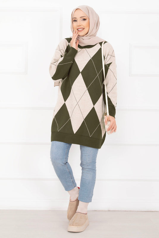 Baklava Desen Triko Kazak Haki