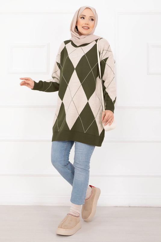 Baklava Desen Triko Kazak Haki