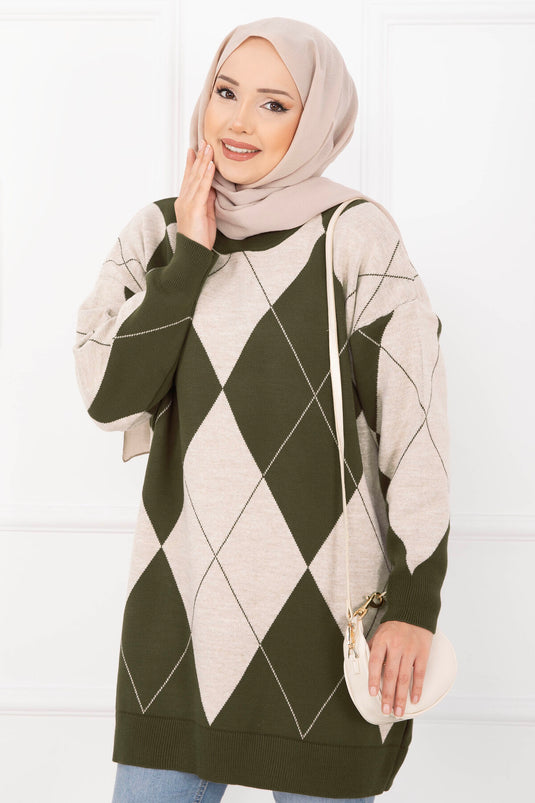 Baklava Desen Triko Kazak Haki