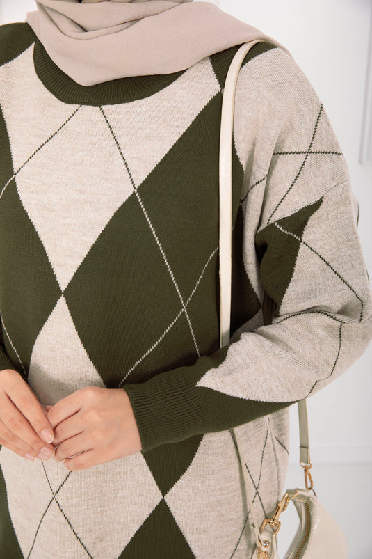 Baklava Desen Triko Kazak Haki