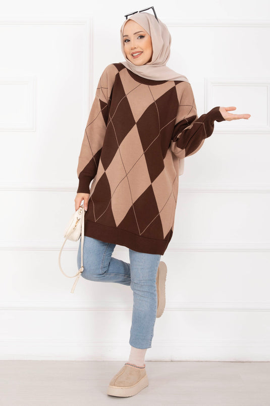 Baklava Desen Triko Kazak Kahve