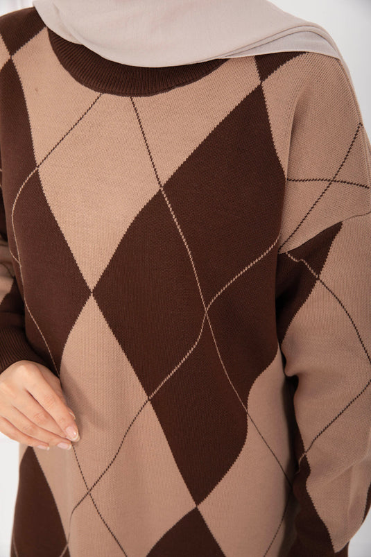 Baklava Desen Triko Kazak Kahve