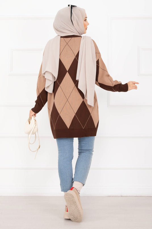 Baklava Desen Triko Kazak Kahve