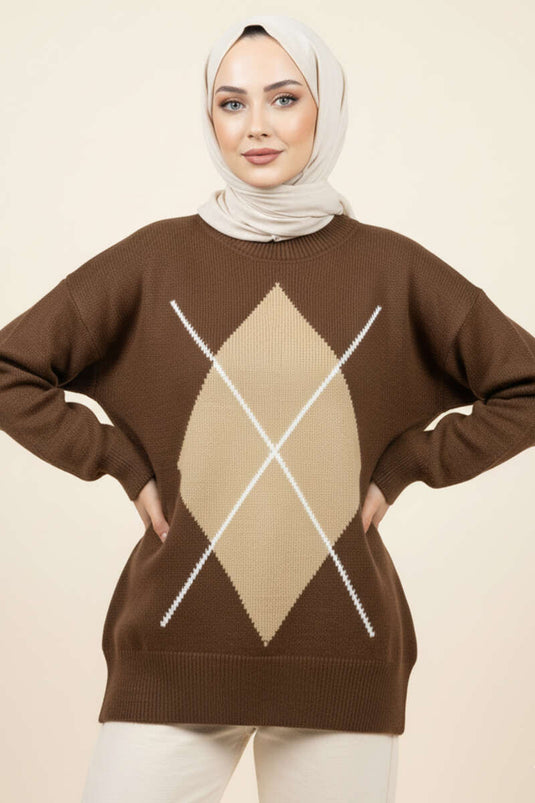 Baklava Desen Triko Kazak Kahve Latte