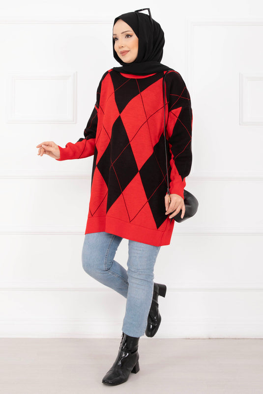 Baklava Desen Triko Kazak Kırmızı