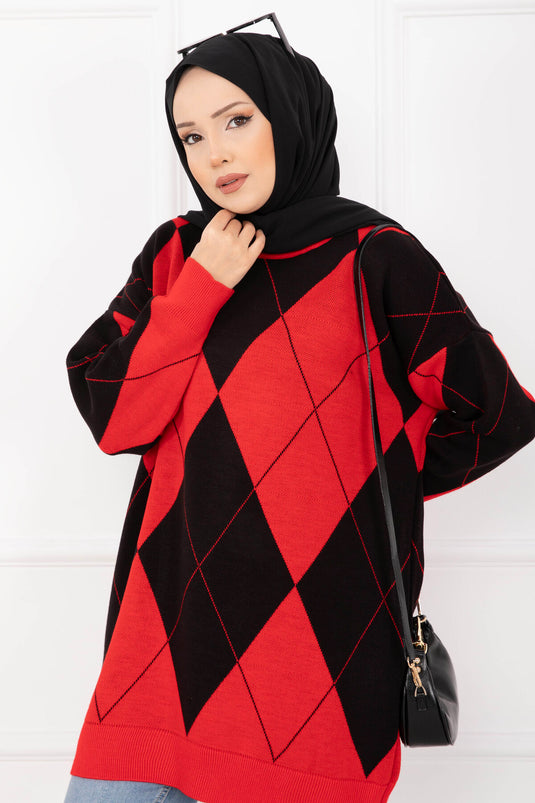 Baklava Desen Triko Kazak Kırmızı