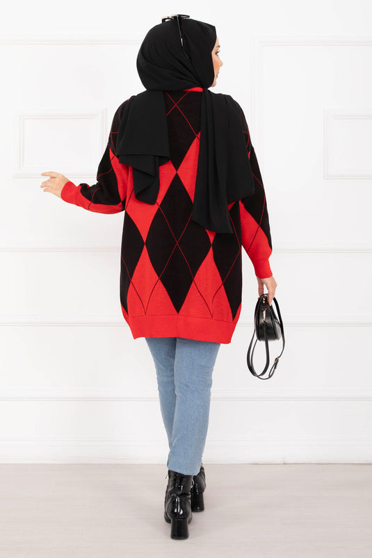 Baklava Desen Triko Kazak Kırmızı