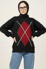 Pull tricoté à motif baklava noir et bordeaux