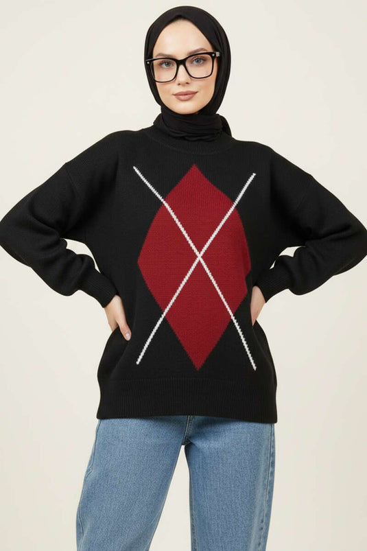 Baklava Desen Triko Kazak Siyah Bordo