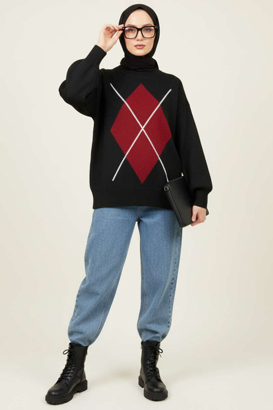 Baklava Desen Triko Kazak Siyah Bordo