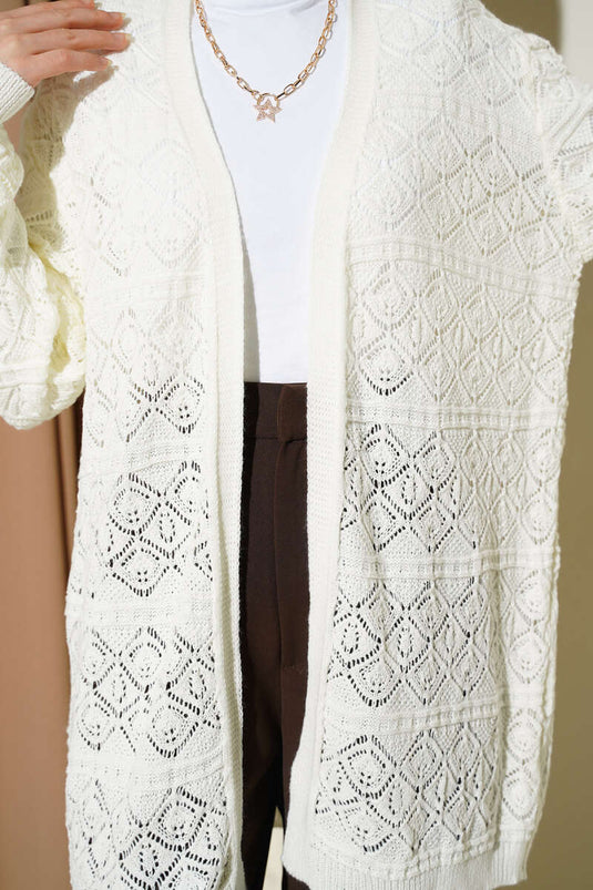 Baklava Patterned Openwork Knit Cardigan Ecru
