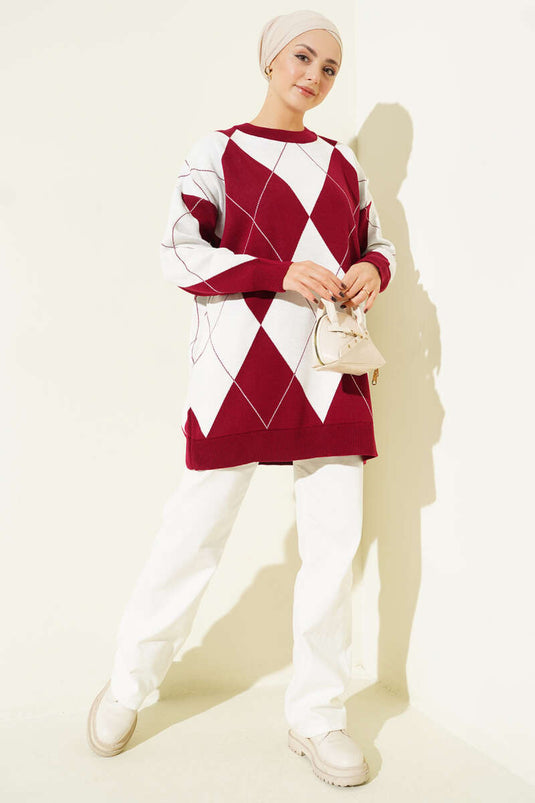 Burgunder Muster Basic Strick Tunik