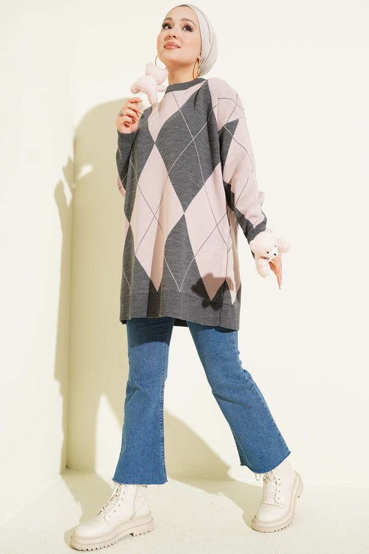 Baklava Patterned Basic Knit Tunic, Smoke Grey