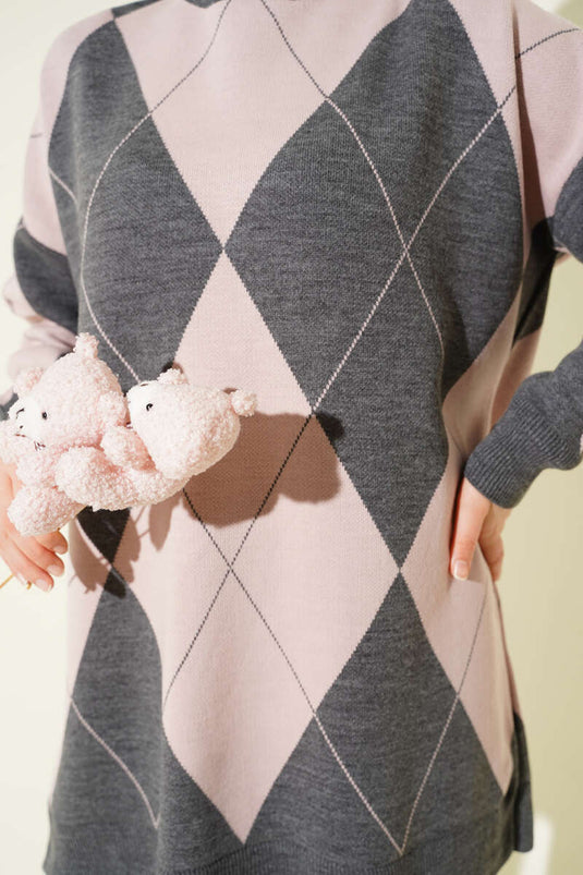 تونيك أساسي محبوك بنقشة البقلاوة، رمادي دخاني