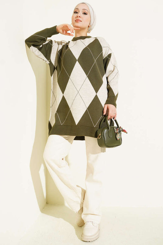 Baklava Desenli Basic Triko Tunik Haki