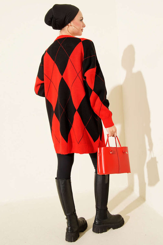 Baklava-Muster Basic Strick Tunika Rot