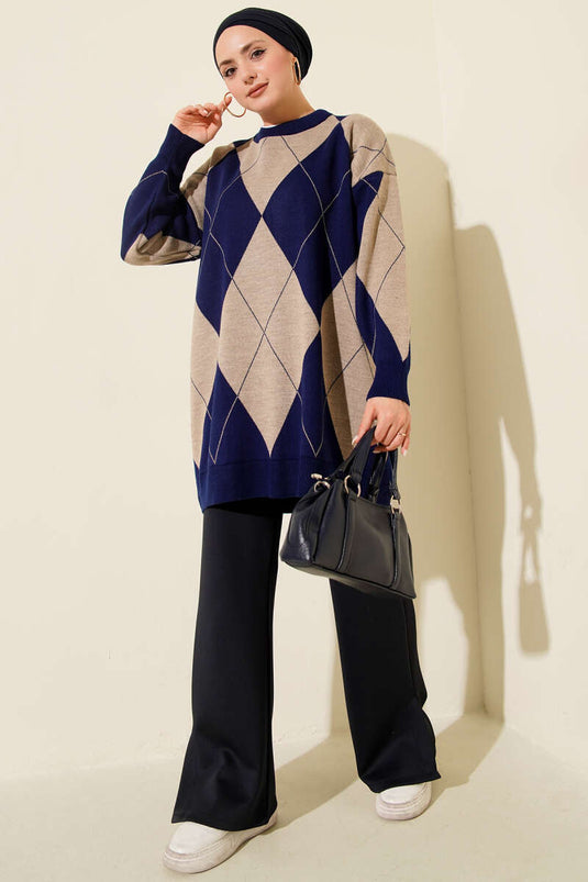 Baklava-Muster Basic Strick-Tunika-Kleid