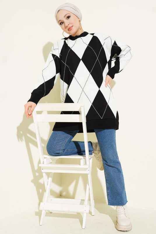 Baklava Desenli Basic Triko Tunik Siyah