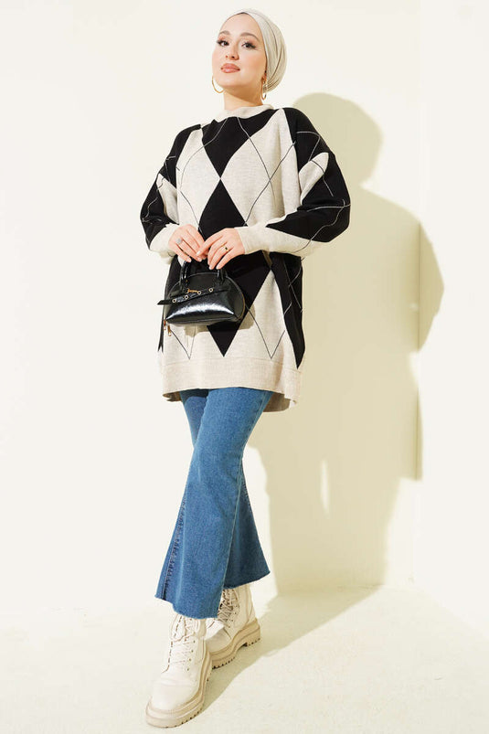 Baklava Desenli Basic Triko Tunik Taş