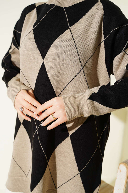 Baklava Desenli Basic Triko Tunik Vizon