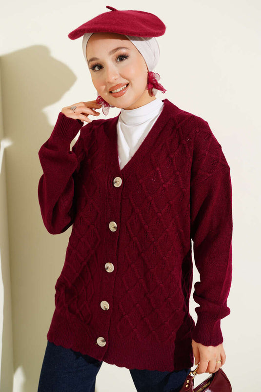 Baklava-Muster, geknöpfte Strickjacke, burgunderrot