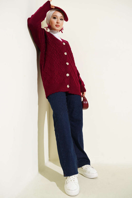 كارديجان محبوك بأزرار بنقشة البقلاوة، لون عنابي