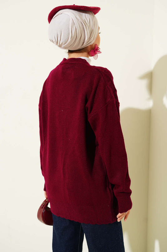 كارديجان محبوك بأزرار بنقشة البقلاوة، لون عنابي