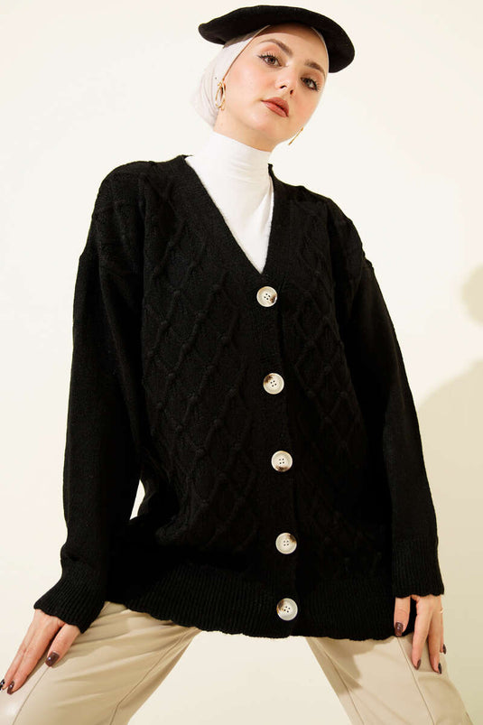 Baklava Pattern Buttoned Knit Cardigan Black