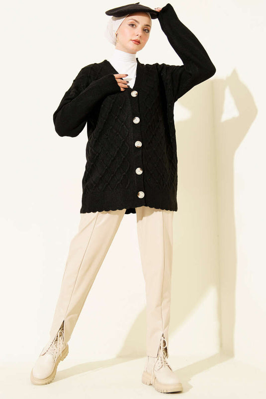 Baklava Pattern Buttoned Knit Cardigan Black
