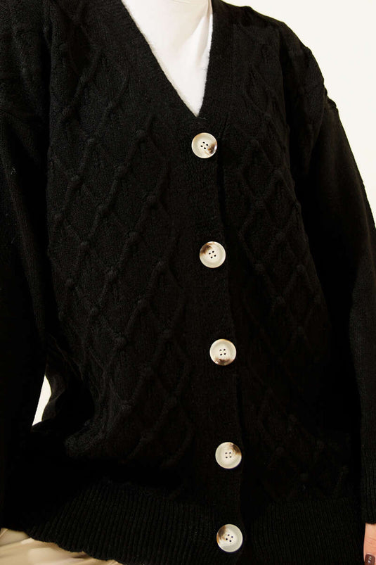Baklava Pattern Buttoned Knit Cardigan Black