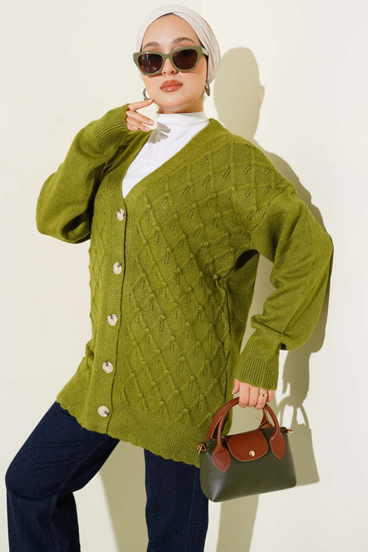 Strickcardigan mit Baklava-Muster und Knöpfen, olivgrün