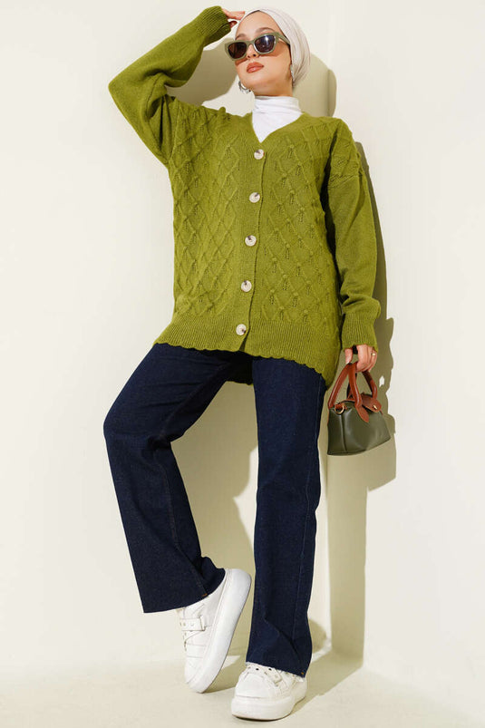 كارديجان محبوك بأزرار ونقشة بقلاوة، لون زيتوني