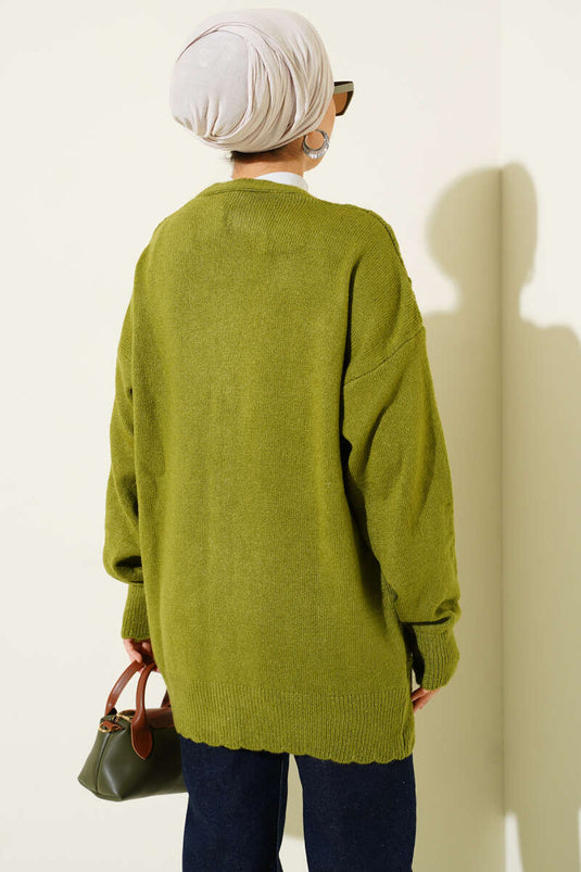 كارديجان محبوك بأزرار ونقشة بقلاوة، لون زيتوني