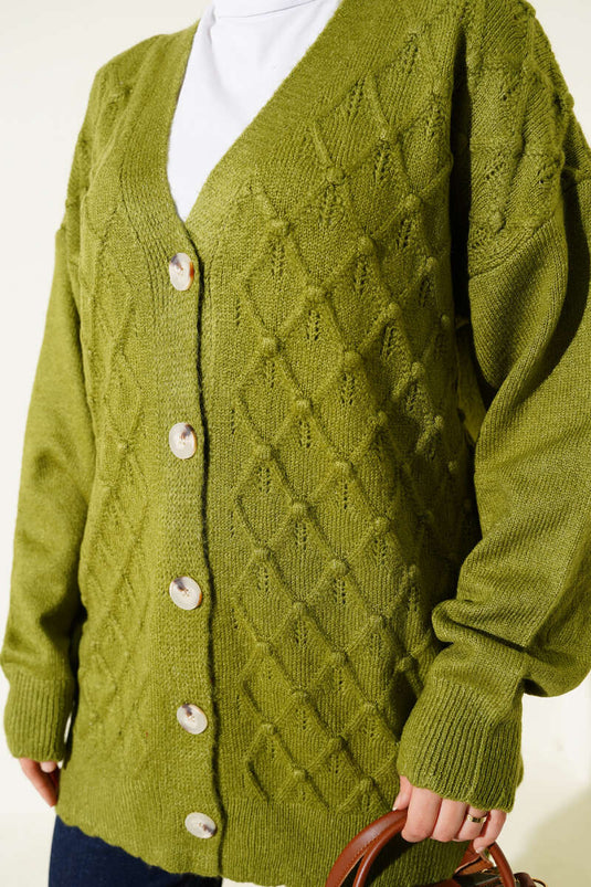 Strickcardigan mit Baklava-Muster und Knöpfen, olivgrün