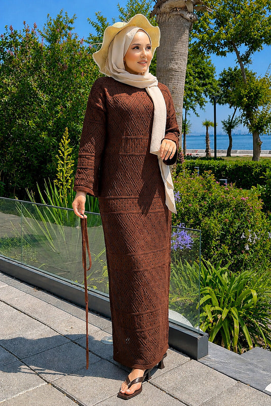 Robe En Maille Marron À Motifs Doublée Avec Doublure