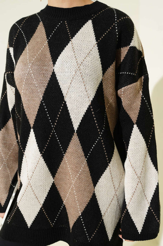 Schwarze Gemusterte Stricktunika
