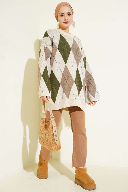 Beige Gemusterte Stricktunika