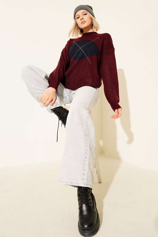 Baklava Detaylı Çizgili Triko Kazak Bordo