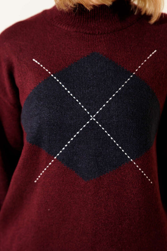 Baklava Detaylı Çizgili Triko Kazak Bordo