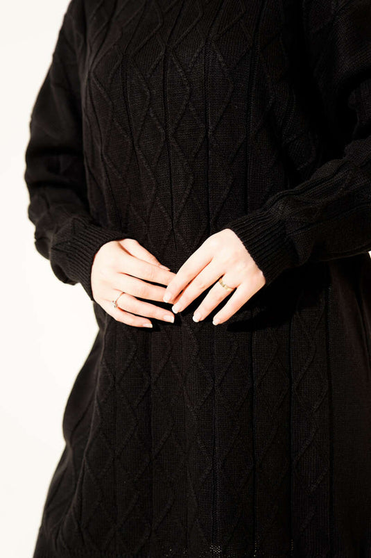 Baklava Patterned Loose Knit Tunic Black