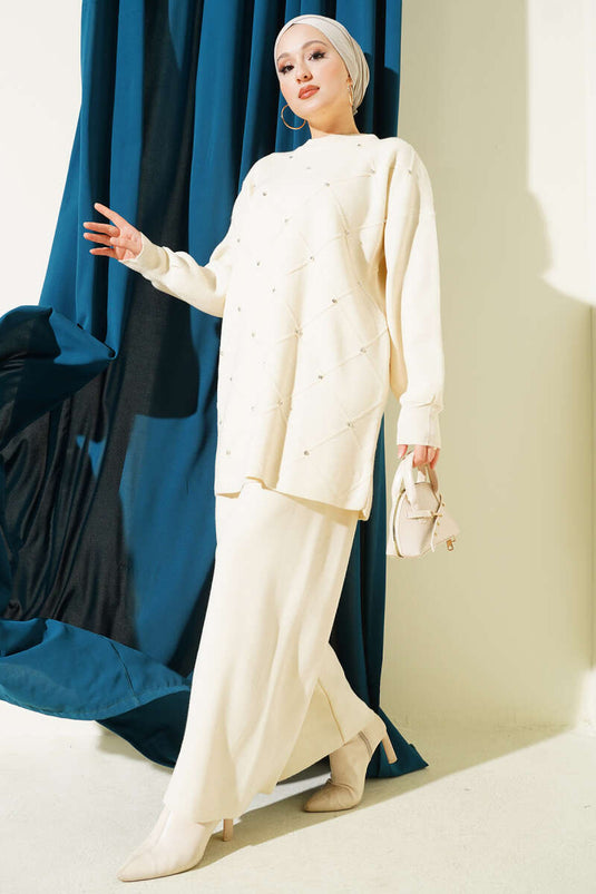 Baklava Embossed Stone Embellished Knit Two-Piece Set, Beige