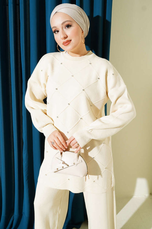 Baklava Embossed Stone Embellished Knit Two-Piece Set, Beige