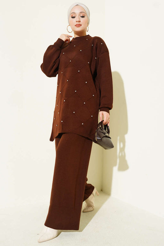 Baklava Embossed Stone Embellished Knit Two-Piece Set, Coffee