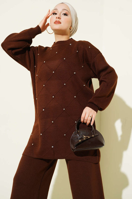 Baklava Embossed Stone Embellished Knit Two-Piece Set, Coffee