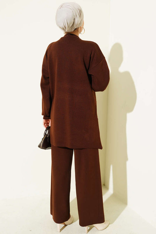 Baklava Embossed Stone Embellished Knit Two-Piece Set, Coffee